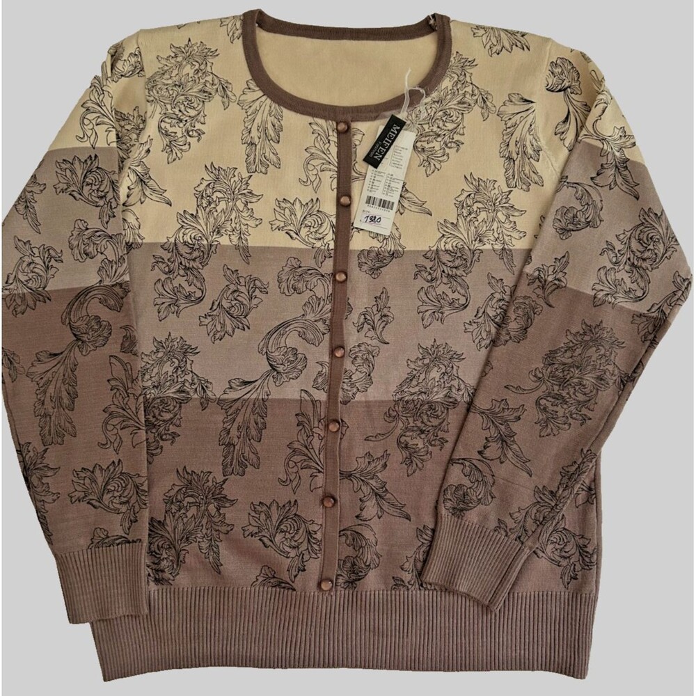 Womens L Brown Floral Print Elegant Sweater Long Sleeve Pullover Cashmere Blend